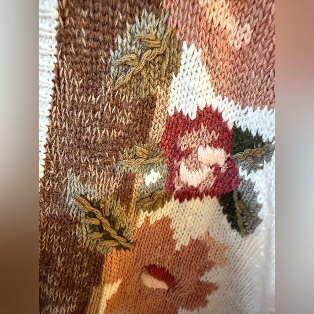 VTG LISE J Women's Floral Knit Cardigan Cream Brown Pink Grandma Cottage Prarie - Picture 4 of 6